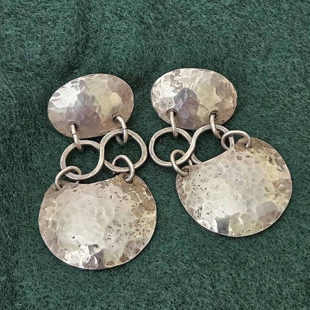 VTG Solid 925 Oxidized SS Artisan Hand-Hammered Tiered Disks Dangle Earrings 6.2